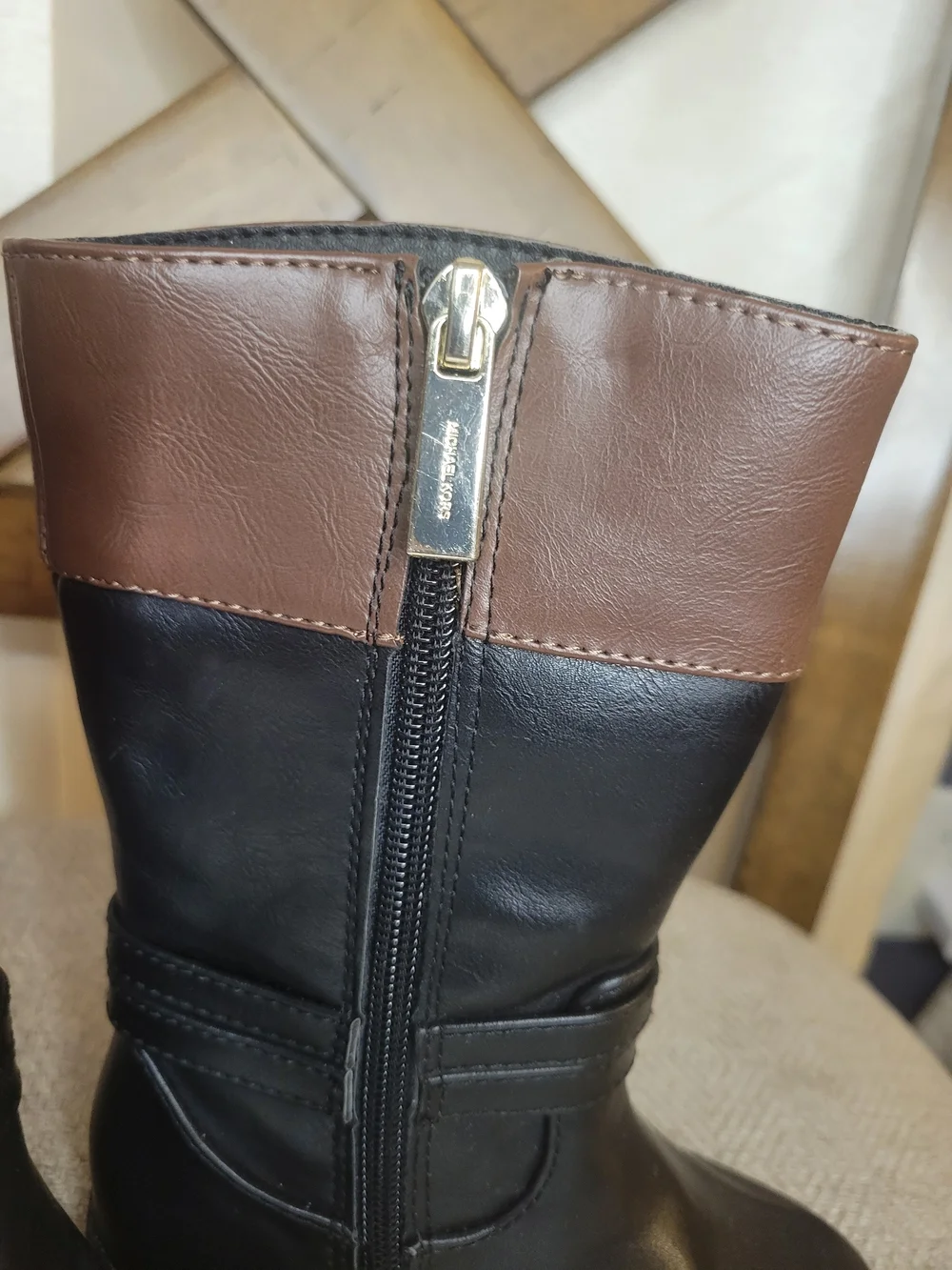 Michael Kors Black & Brown Mid-Calf Boots with Gold Logo Accent